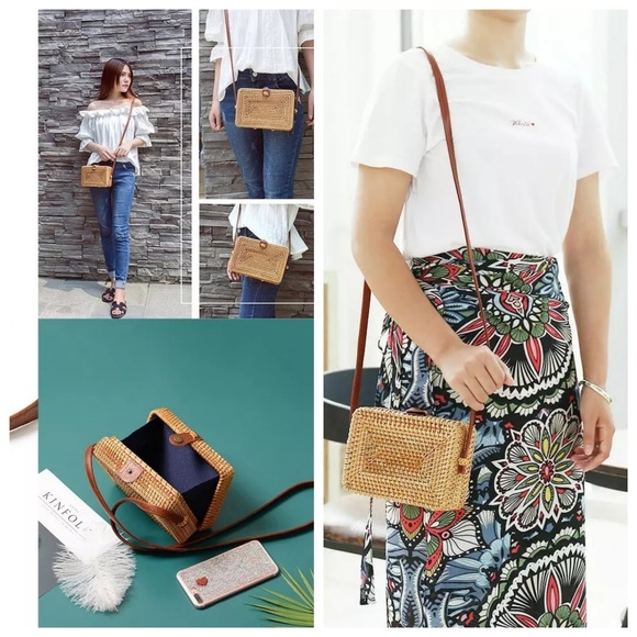 NEW HANDMADE Rattan Straw Shoulder Crossbody Purse - Picture 6 of 7